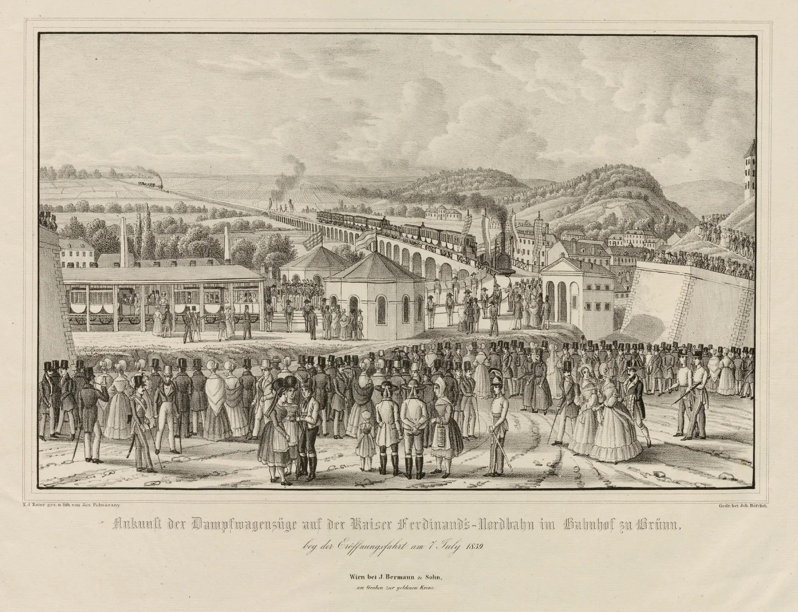 Ankunft der Dampfwagenzüge in Brünn — Lithographie zur Eröffnung der Kaiser-Ferdinands-Nordbahn 1839